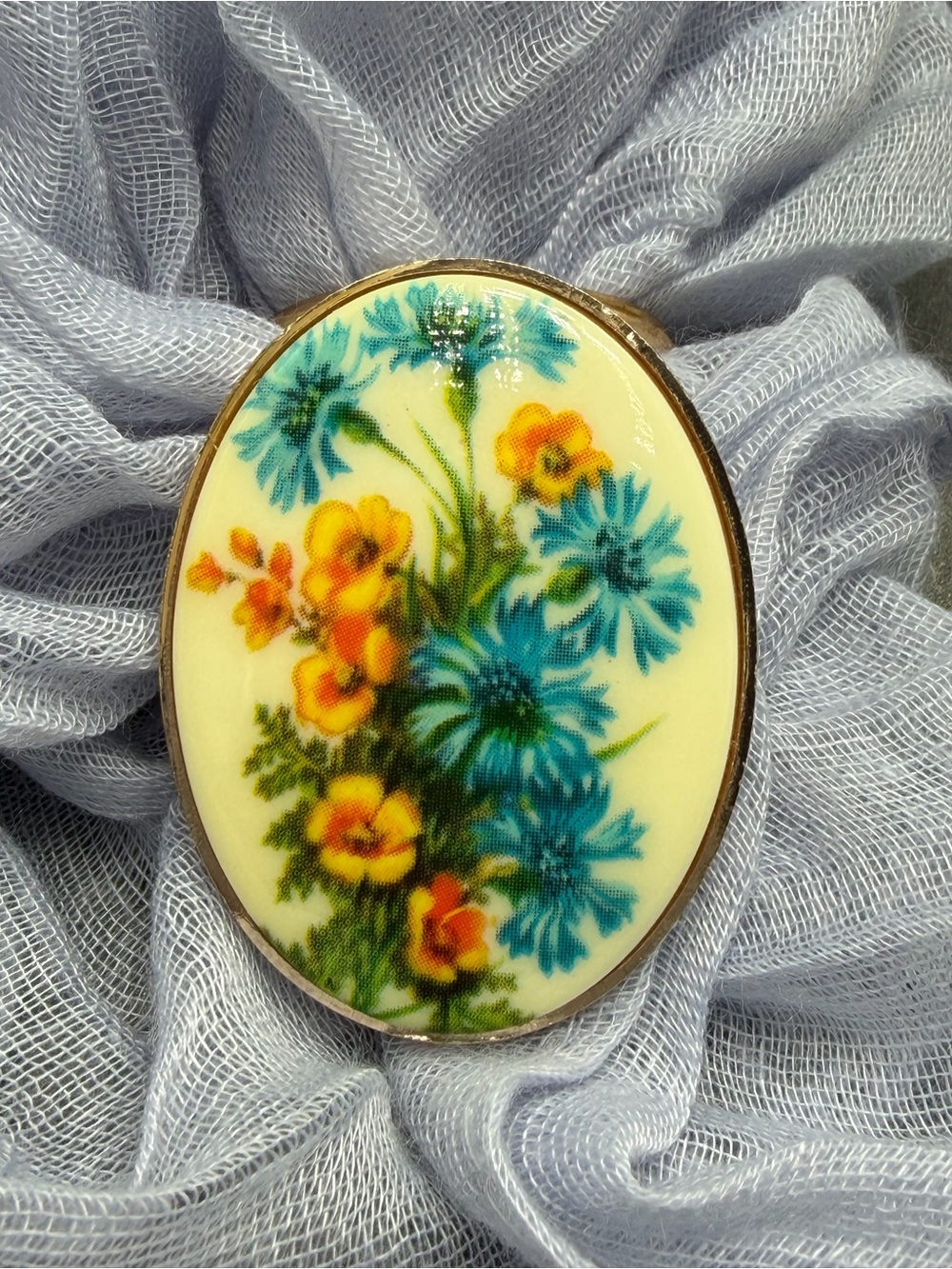Floral Porcelain Cameo Brooch - Blue & Yellow Flowers